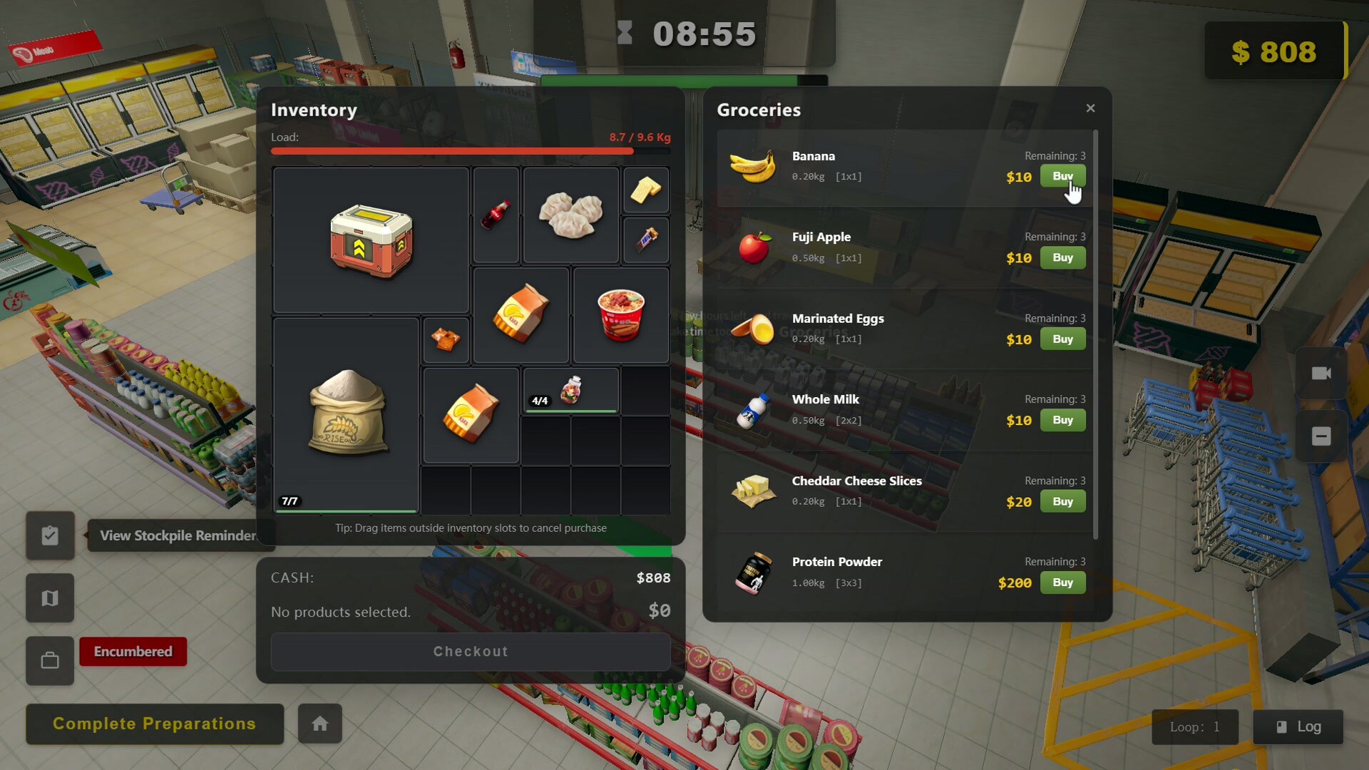 Survival Log pre-outbreak supermarket screen showing the countdown, cash, inventory weight, grocery choices, and Complete Preparations control
