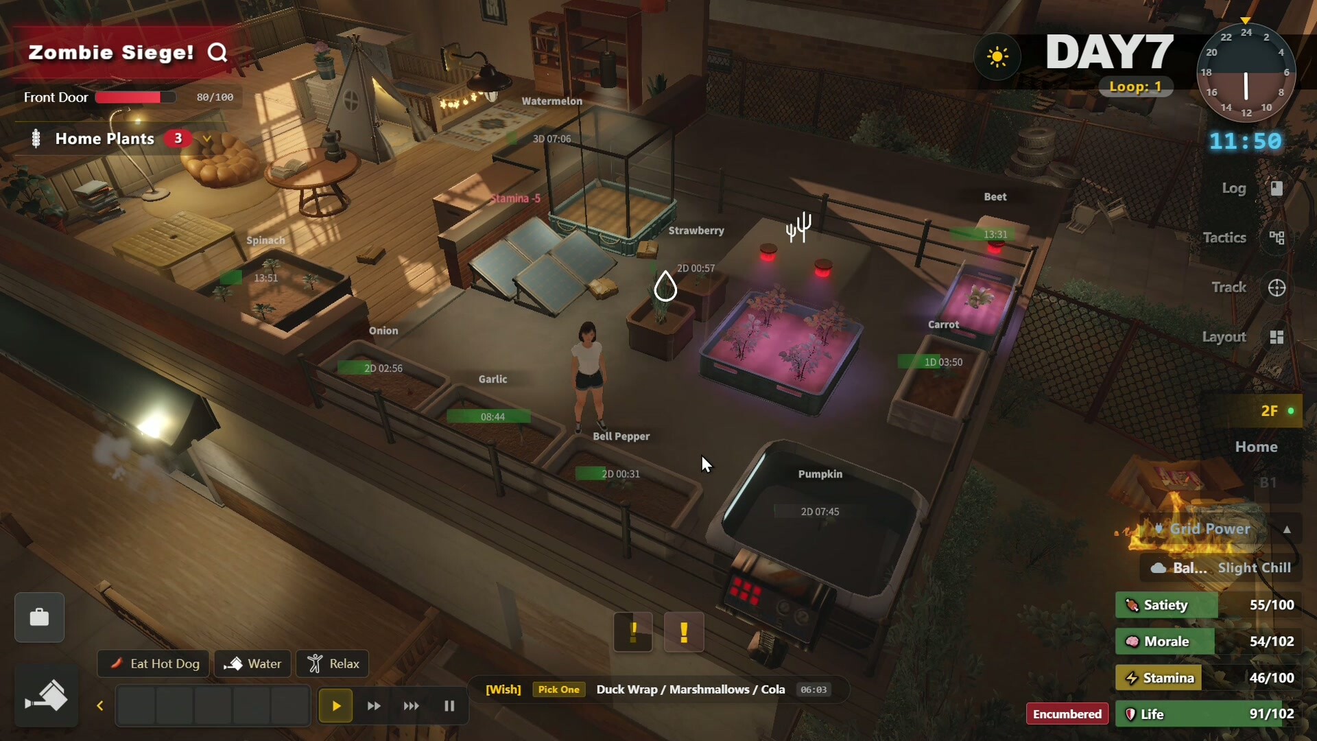 Survival Log Day 7 safehouse showing balcony crops, home rooms, current task, and survival status meters