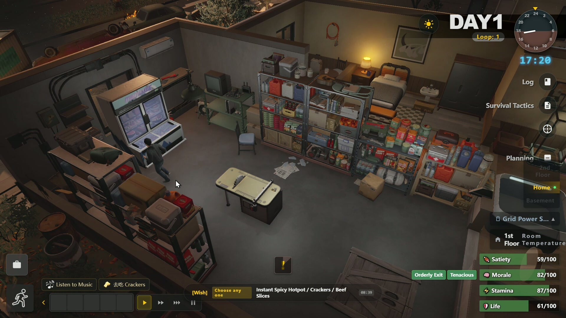 Survival Log Day 1 safehouse with organized shelves, supplies, living space, and the game's survival status interface